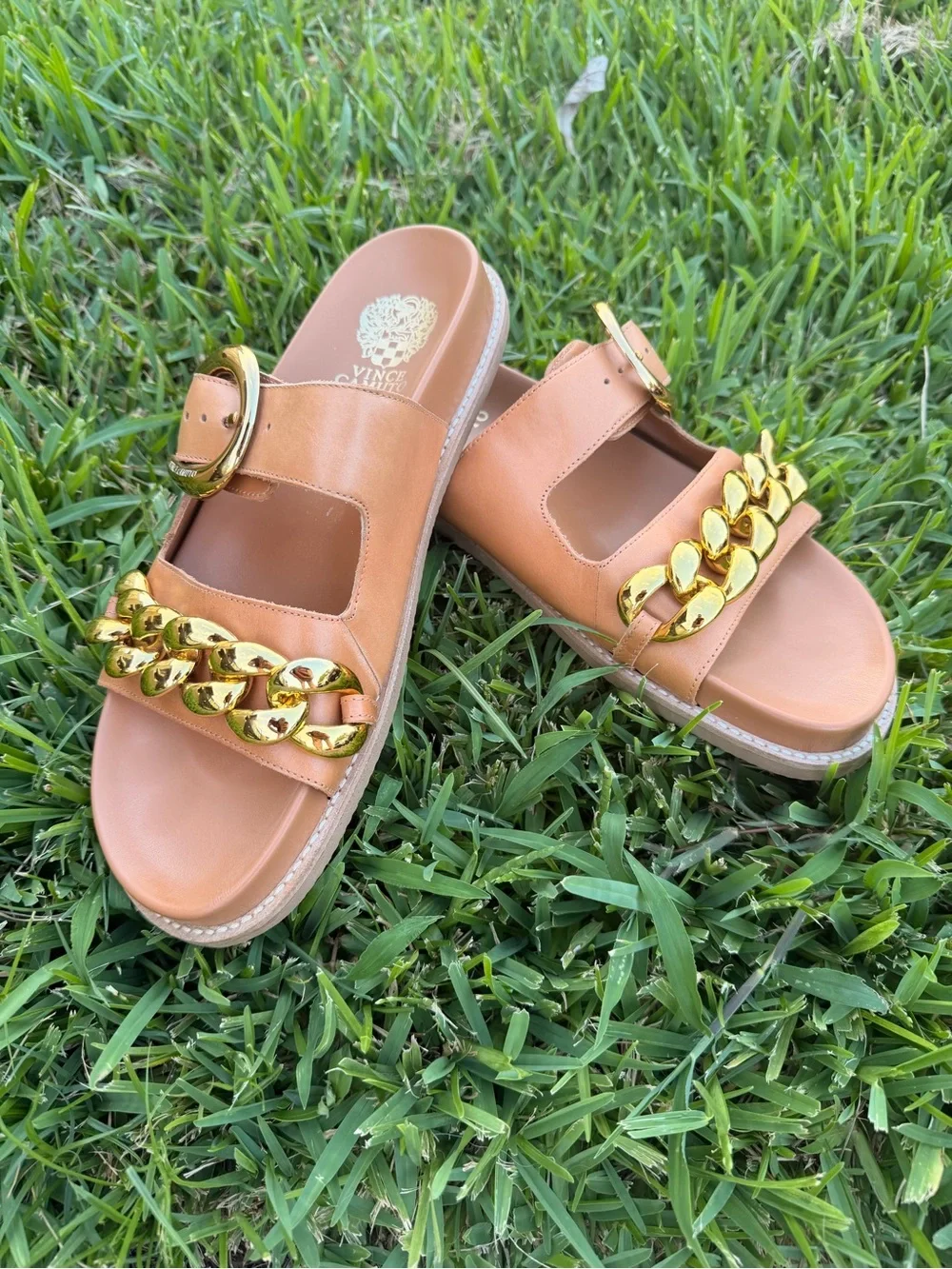 Vince Camuto Tan Leather Slide Sandals with Gold Chain - Picture 1 of 5